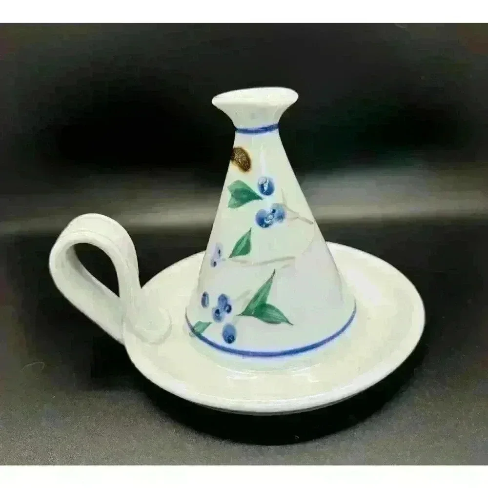 Signed Georgetown Pottery Maine ‘94 Candlestick Blueberries Green Leaf Handle